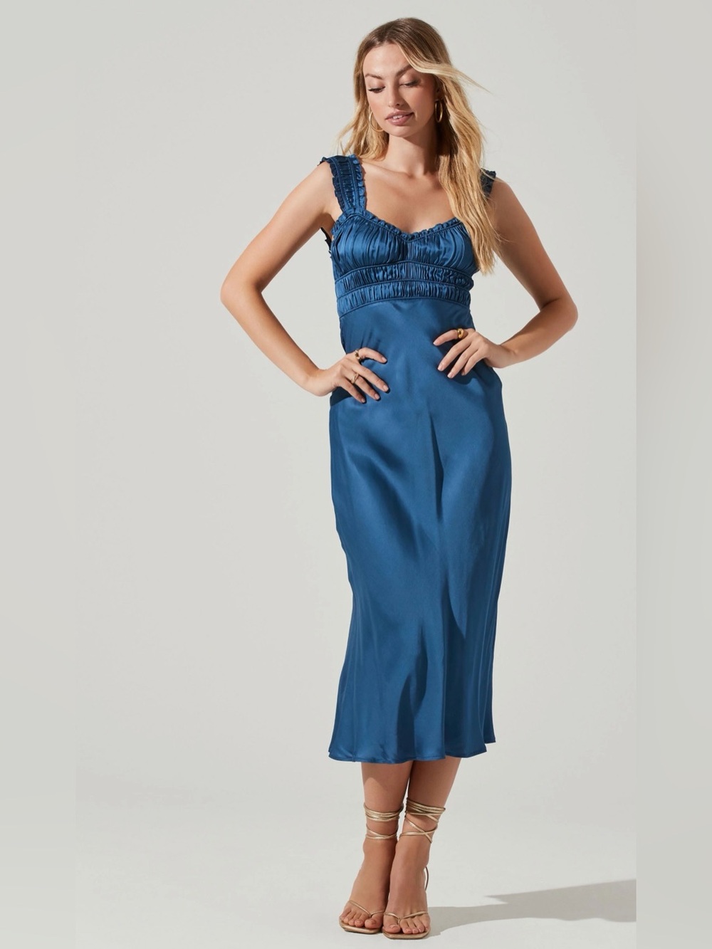 Astr The Label Enola Slate Blue Satin Smocked Midi Dress Viscose, size LG NWT